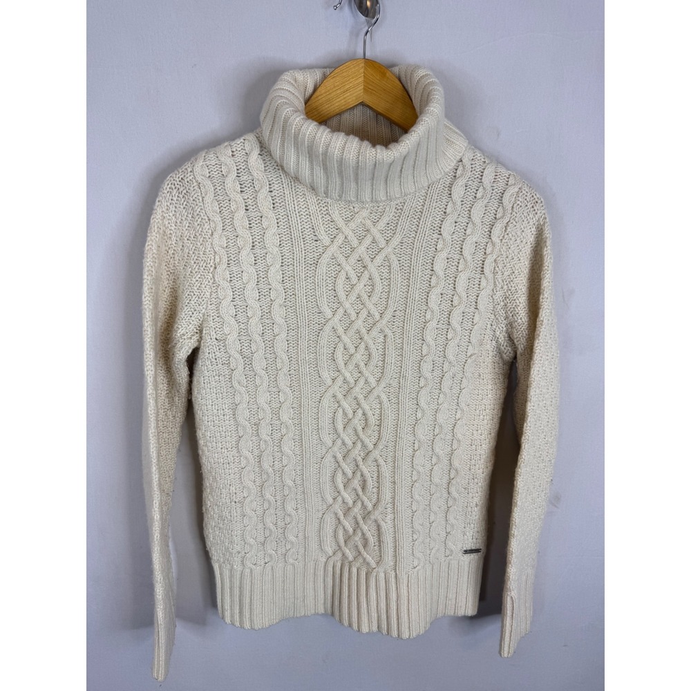Eddie Bauer Womens Cream Cable Knit Lambs Wool Turtleneck Sweater Size S